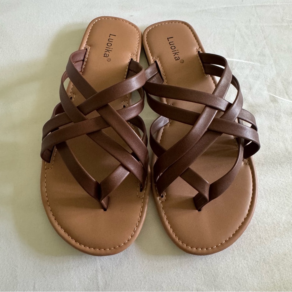 Luoika Women's Size 9 Wide Width Flat Slide Sandals Brown Strappy